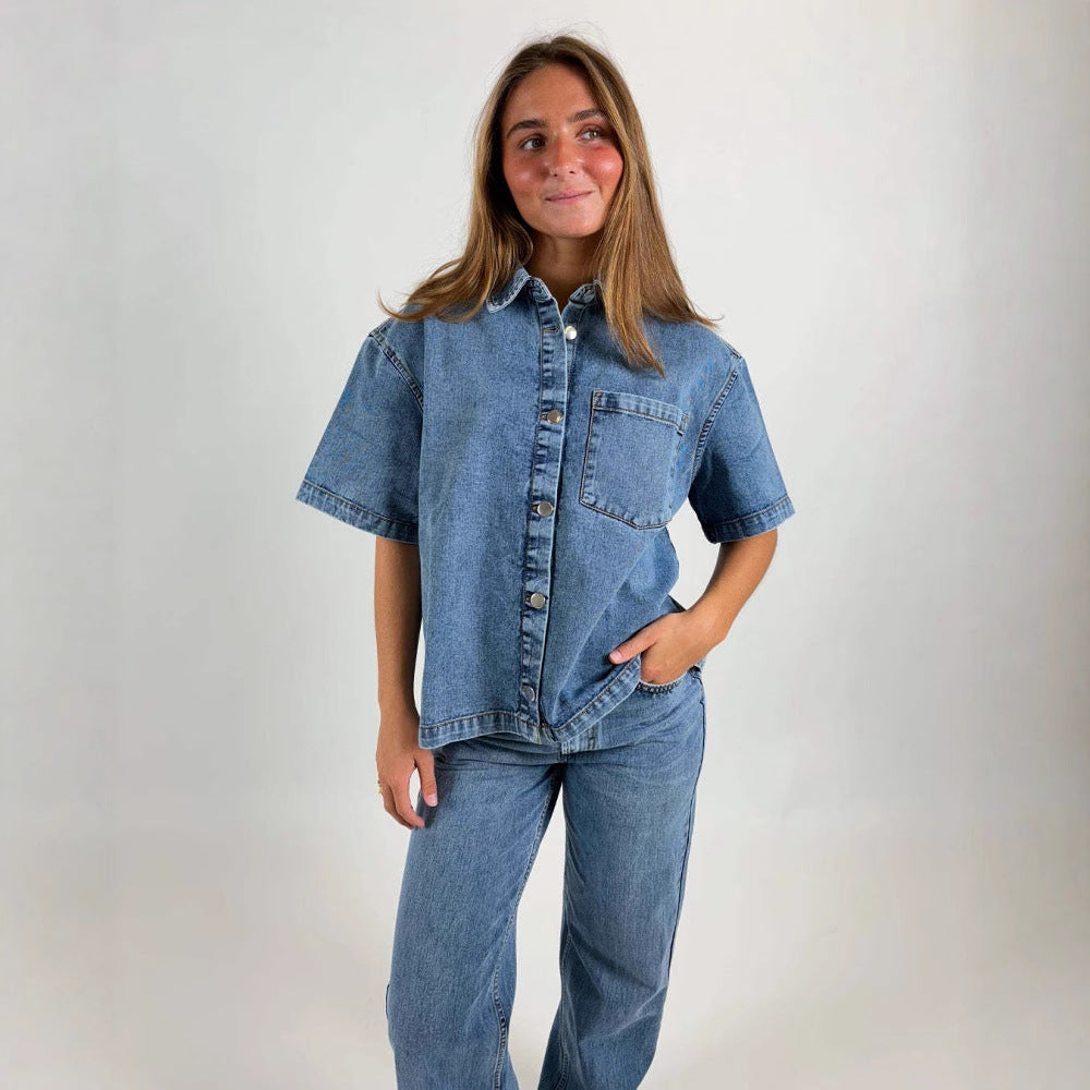 Dame Denim-Skjortejakke i avslappet oversize snitt Skjora
