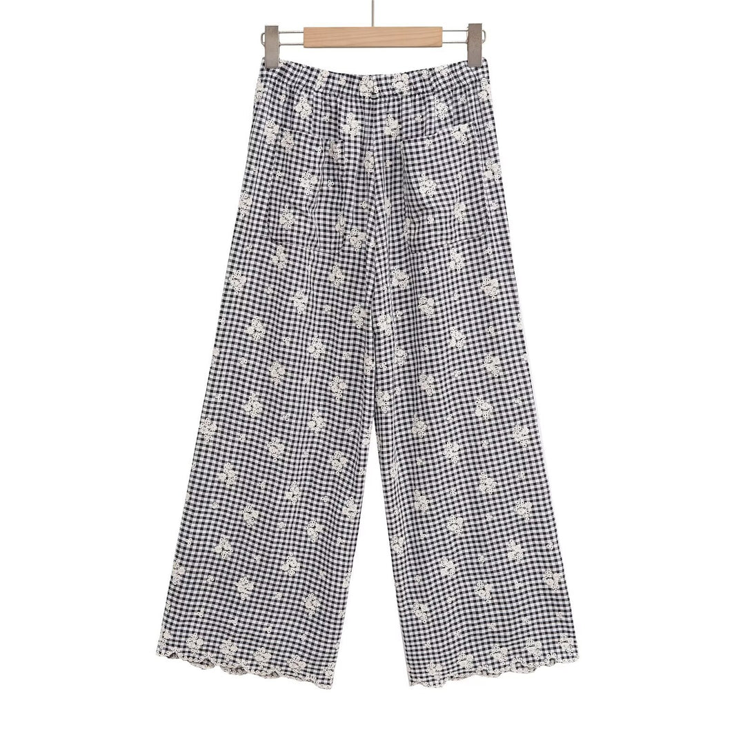 Damer vidde gulrotbukser med blomstret Gingham-mønster og elegant kantdekorasjon Skjora