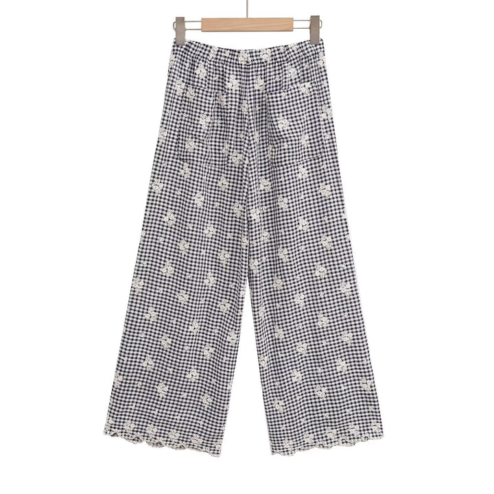 Damer vidde gulrotbukser med blomstret Gingham-mønster og elegant kantdekorasjon Skjora