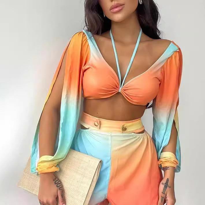 Dame cropped Top med skulderfrie ermer og fargegradientdesign Skjora