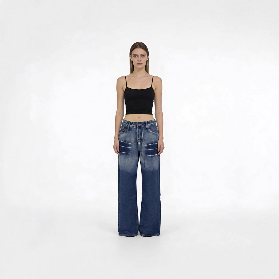 Dame viddefit høyt skåret jeans med spesiell vaskeeffekt Skjora