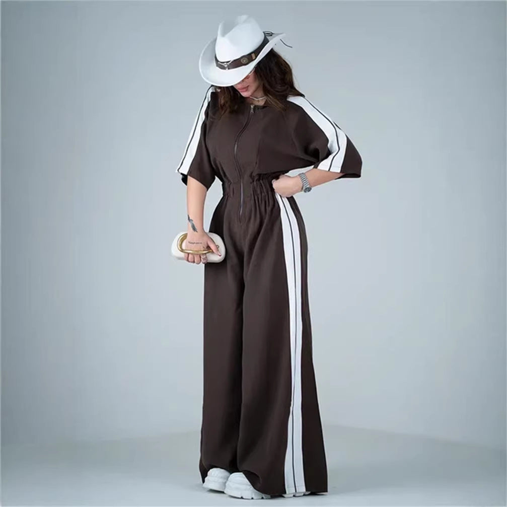 Kvinnenes lange jumpsuit med belte og kontraststriper