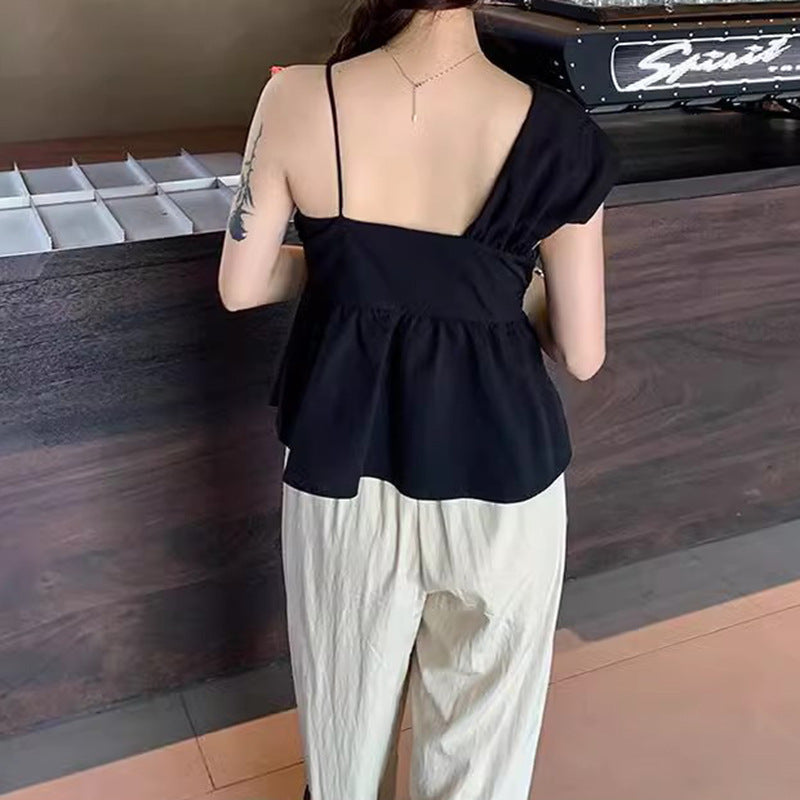 Dame Off-Shoulder Bluse med Motetrend Drapering og Knute Detalj