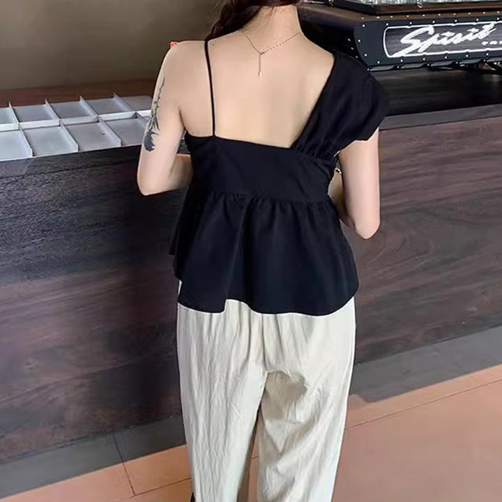 Dame Off-Shoulder Bluse med Motetrend Drapering og Knute Detalj