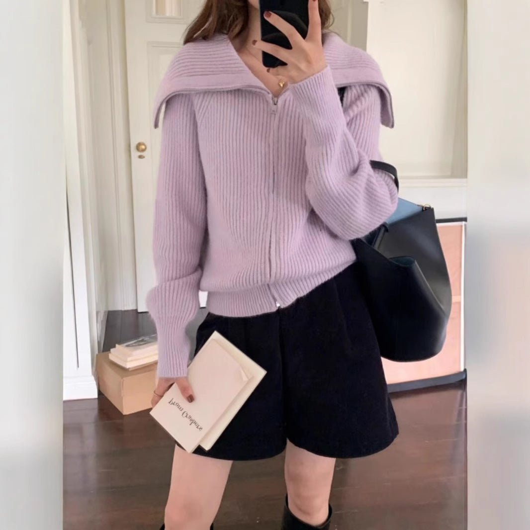 Kvinne cardigan med bred krage og teksturert design Skjora