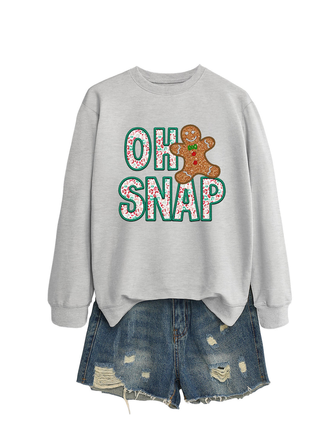 Dame sweatshirt med morsomt pepperkakemannmotiv og glitrende bokstaver Skjora