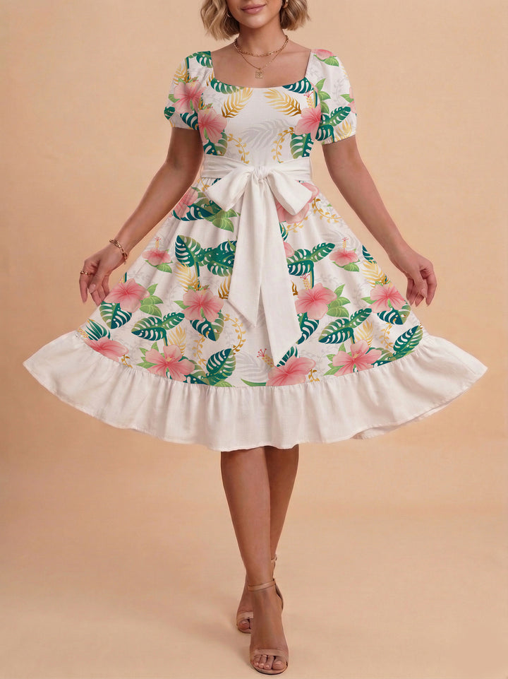 Damen modernes Blumenkleid mit elegantem Taillengürtel und asymmetrischem Saum Skjora