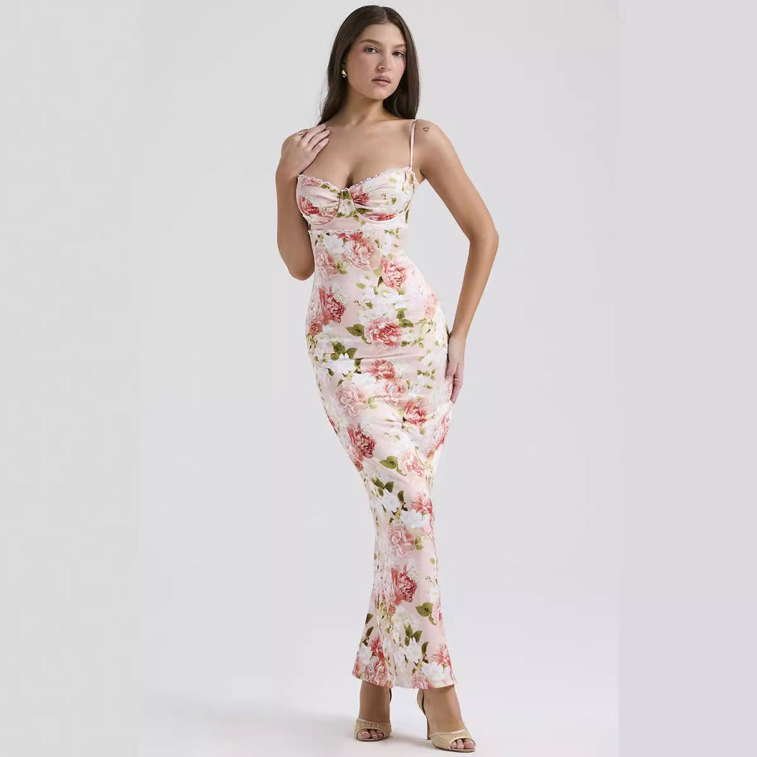 Damen Blumenkleid mit tailliertem Oberteil und schwingendem Saum Skjora