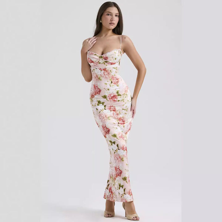 Damen Blumenkleid mit tailliertem Oberteil und schwingendem Saum Skjora
