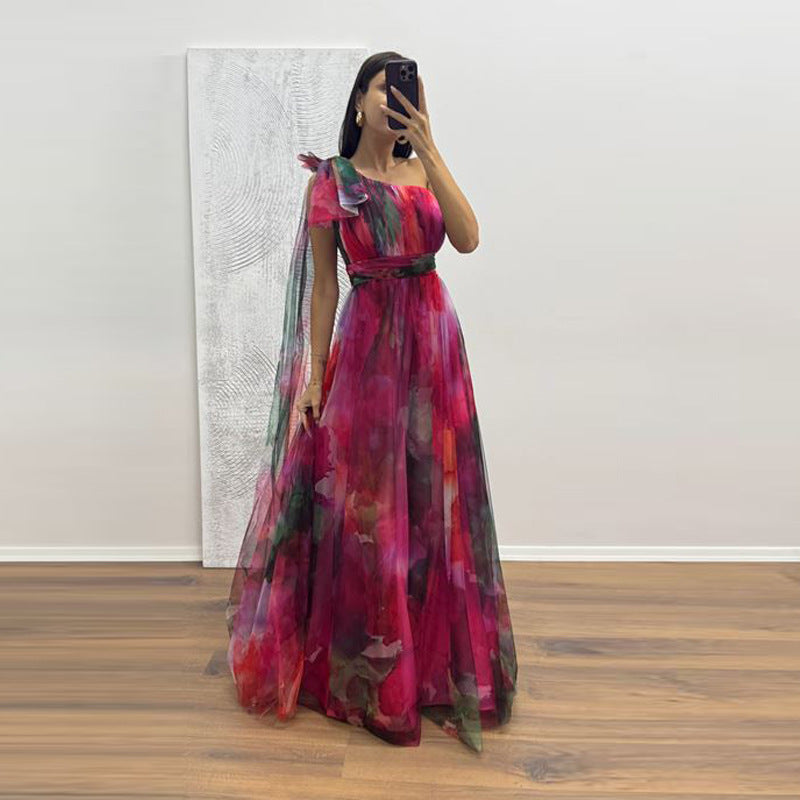 Kvinners Festlige Maxi Kjole med Gjennomsiktig Chiffon Overlay og Delikat Volangdesign