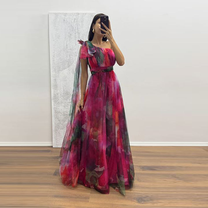 Kvinners Festlige Maxi Kjole med Gjennomsiktig Chiffon Overlay og Delikat Volangdesign