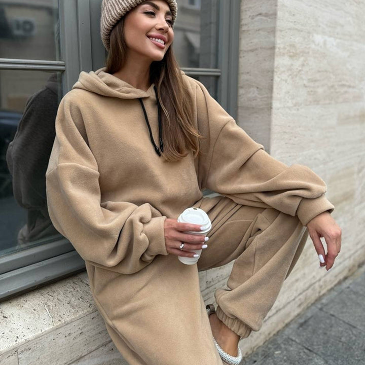 Damer Fleece Kuttet Sweat Suit med Høy Krage og Elastisk Midje Skjora