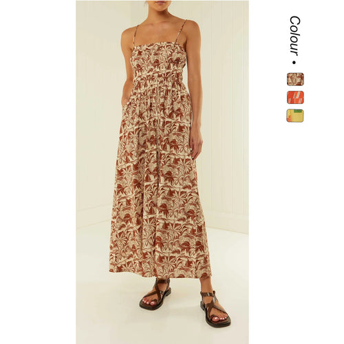 Kjole i maxi-stil for kvinner med elastisk midje og leken blomsterprint Skjora