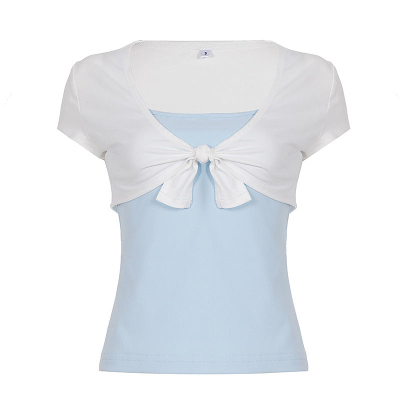 Dame casual crop-top med lekent knute-design og spaghetti-stropper Skjora