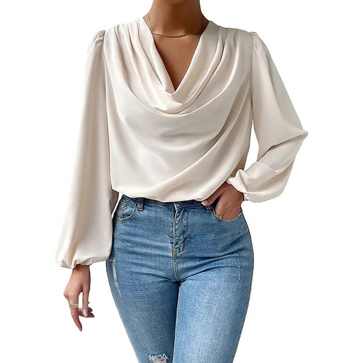 Damer Elegant Langarm-bluse med drapering og vid passform Skjora