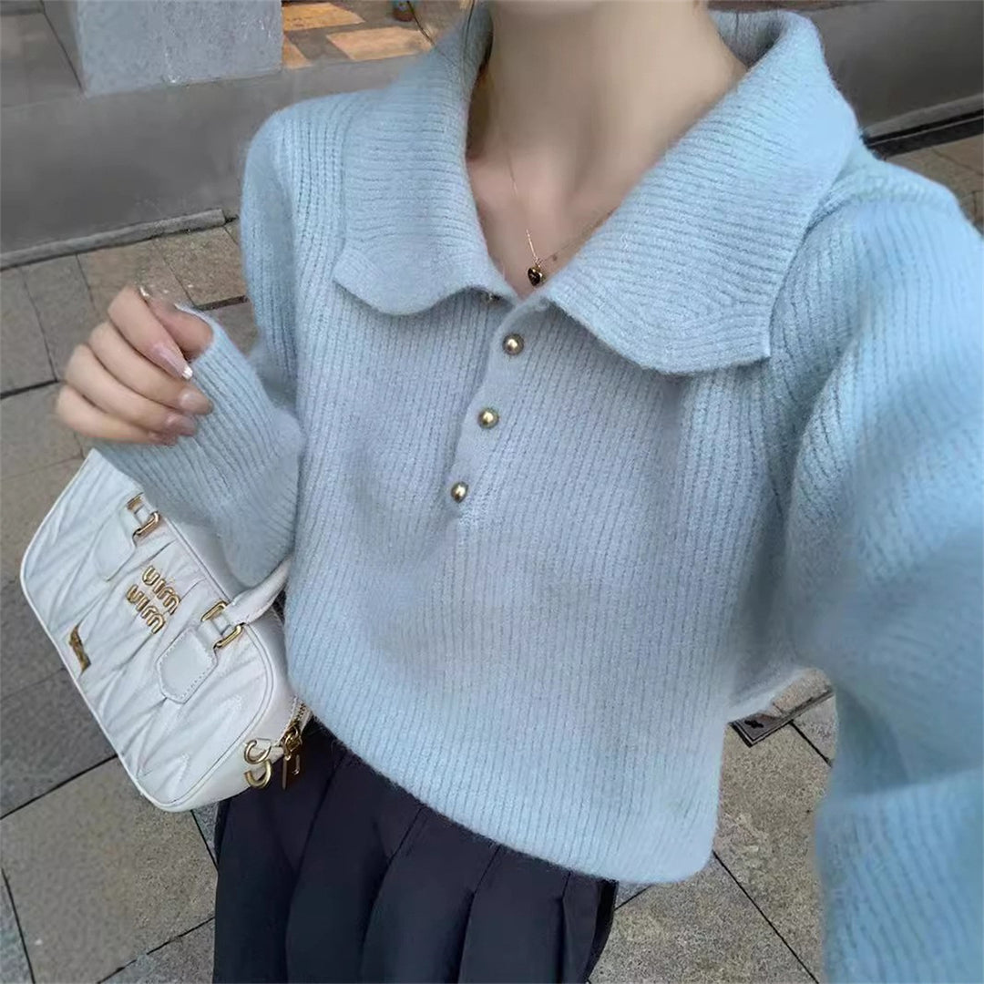 Damer Elegant Polo Krage Genser laget av Myk Strikk Skjora