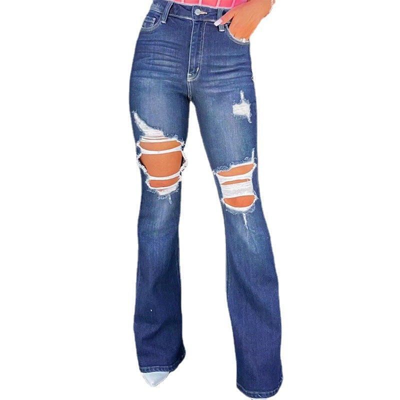 Dame Flared Jeans med fashionable ødelagte effekter og høy midje Skjora