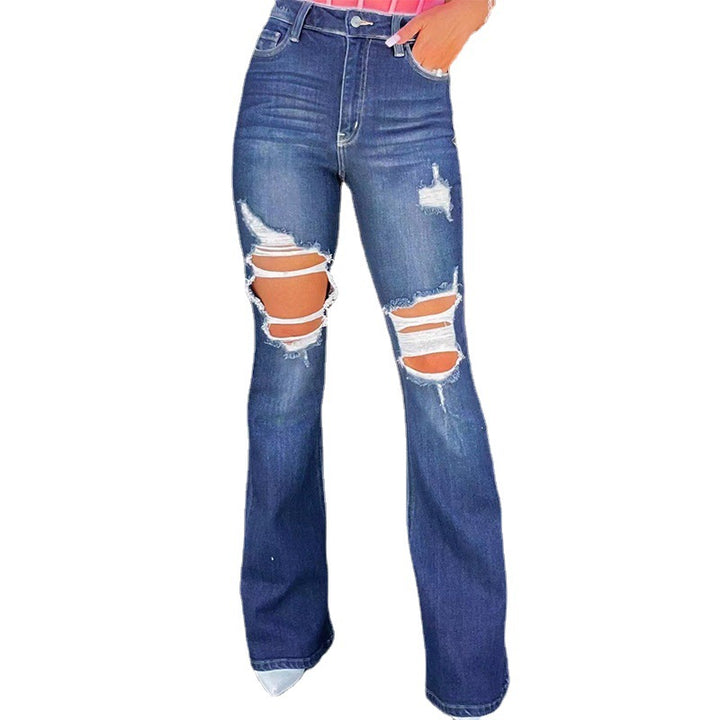Dame Flared Jeans med fashionable ødelagte effekter og høy midje Skjora