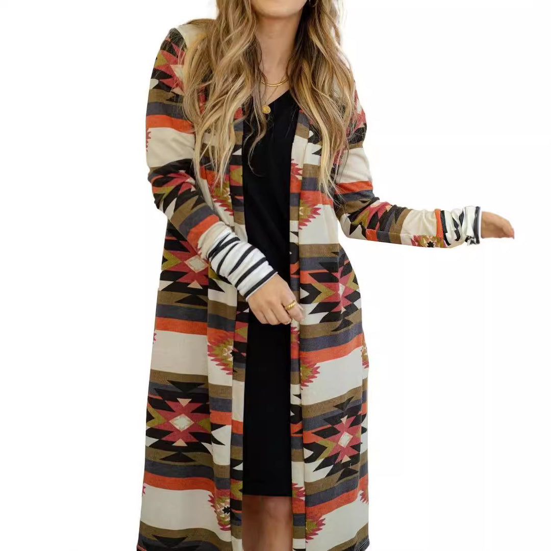 Kvinne Langermet Kimono Cardigan med Unik Mønster Skjora
