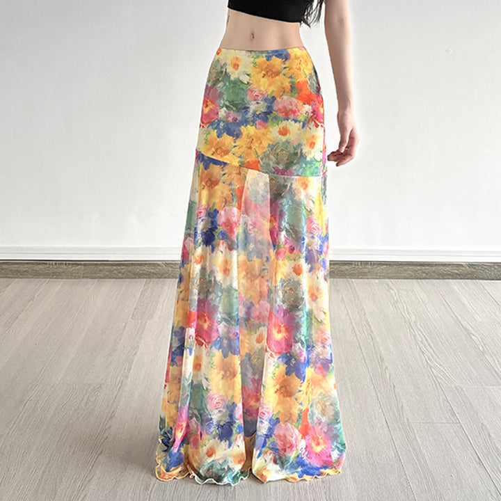 Dame Maxi-skjørt med blomstret chiffon-design og svingende falm Skjora
