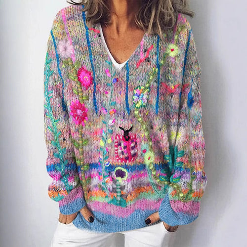Ladies knitted sweater with detailed landscape pattern Skjora