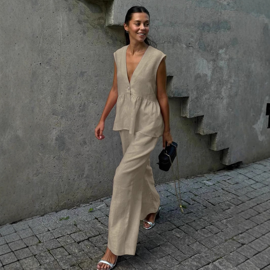 Dame luftig Jumpsuit med V-hals og flytende snitt Skjora