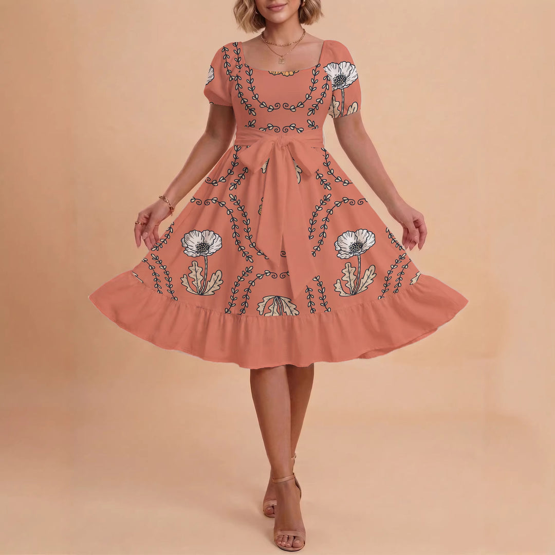 Damen modernes Blumenkleid mit elegantem Taillengürtel und asymmetrischem Saum Skjora