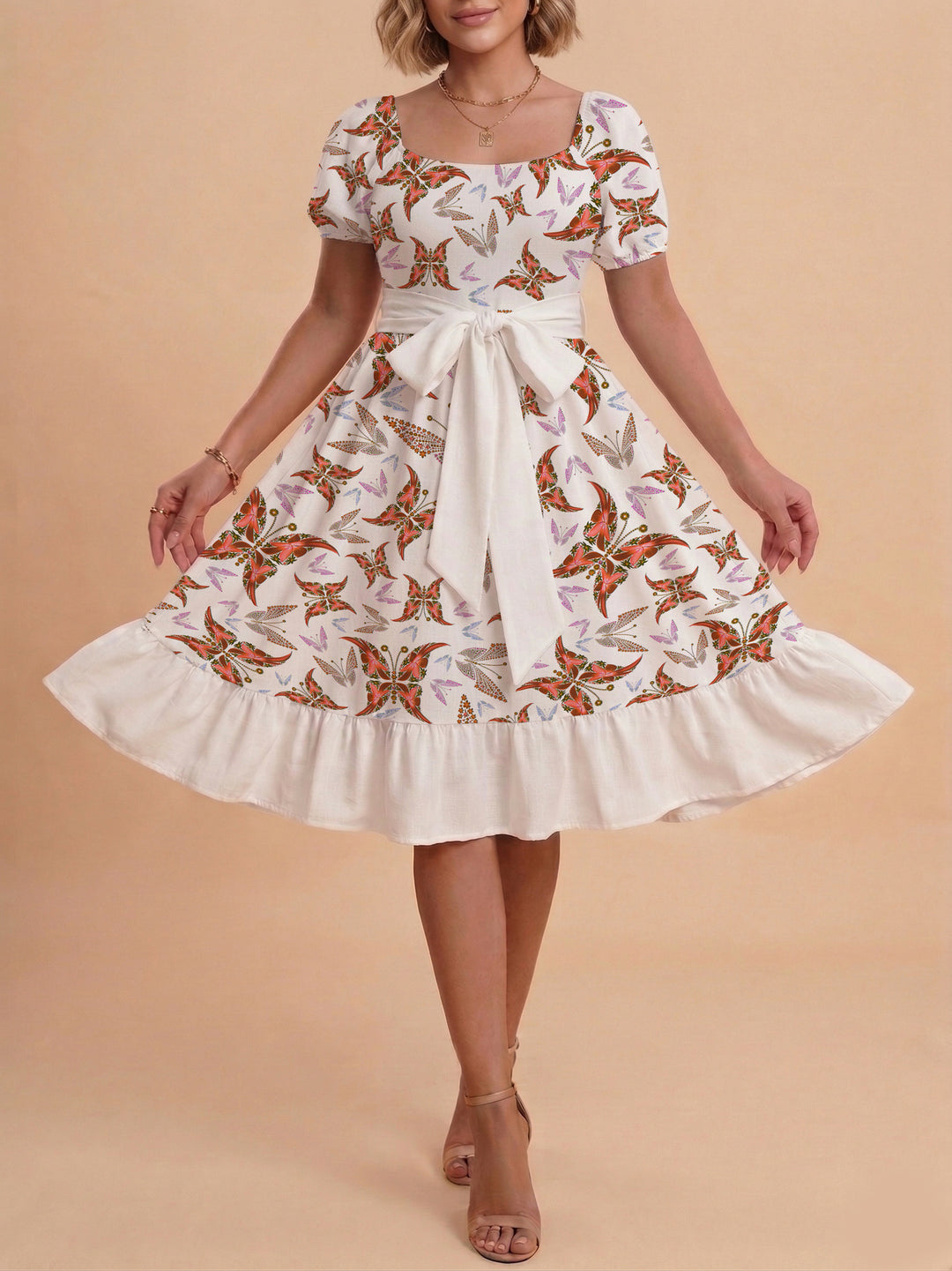 Damen modernes Blumenkleid mit elegantem Taillengürtel und asymmetrischem Saum Skjora
