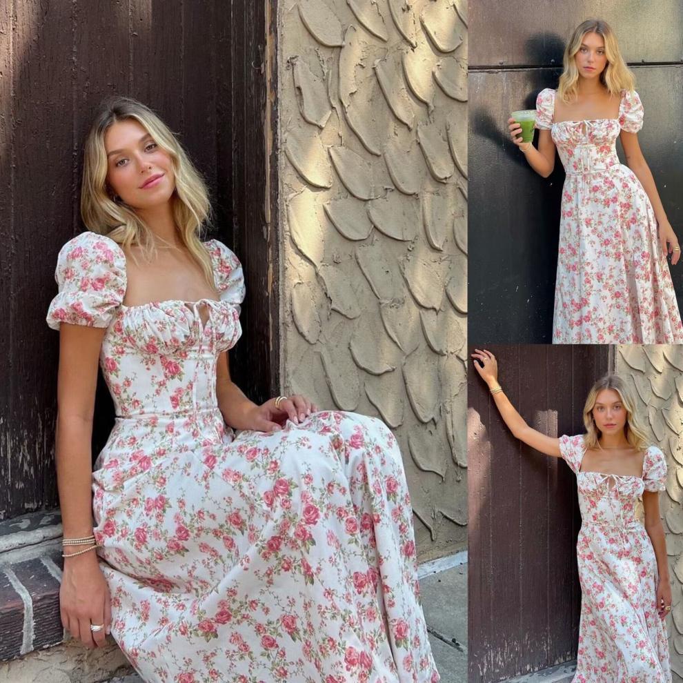 Women's Summer Floral Dress with High Neckline and Puff Sleeves Skjora