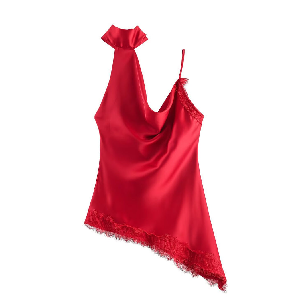 Damer elegant satintopp med asymmetrisk hem og spissdetaljer Skjora