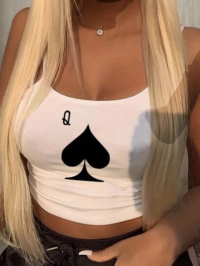 Dame Crop-Top med kreativt kortspillmotiv Skjora