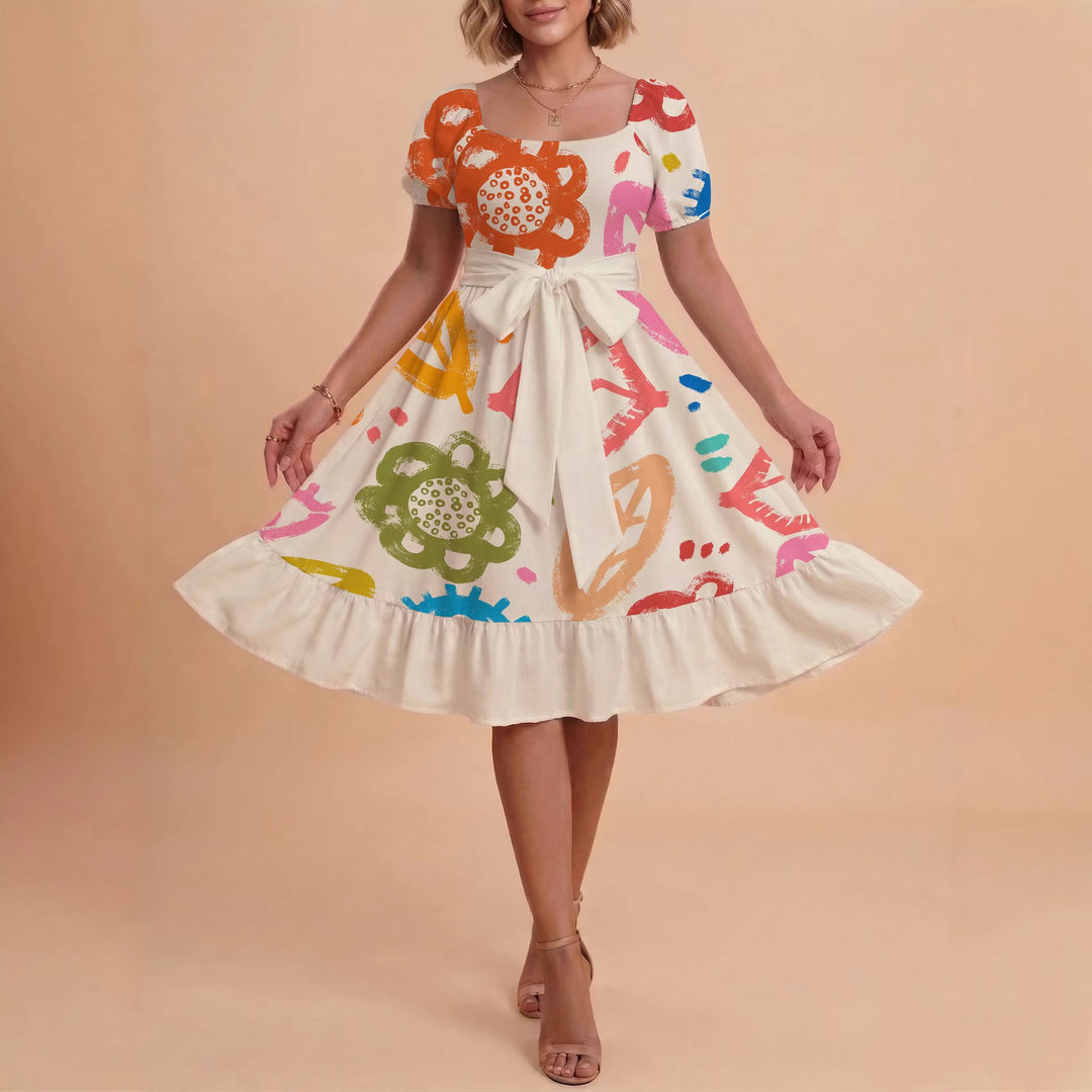 Damen Sommerkleid mit floralem Puffärmel und taillierbarem Gürtel Skjora