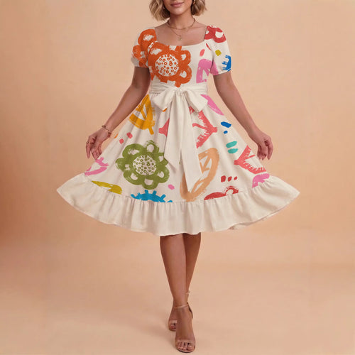 Damen Sommerkleid mit floralem Puffärmel und taillierbarem Gürtel Skjora
