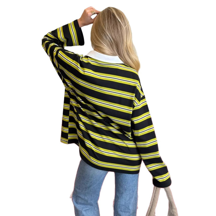 Kvinnestripet blusegenser med klassisk krage Skjora