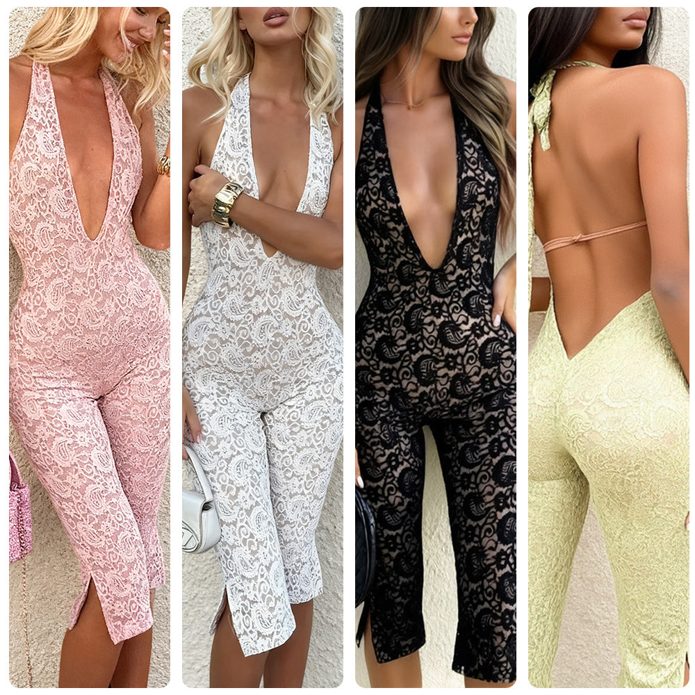 Kvinne jumpsuit laget av delikat blonde med dyp utringning og sidespalter Skjora