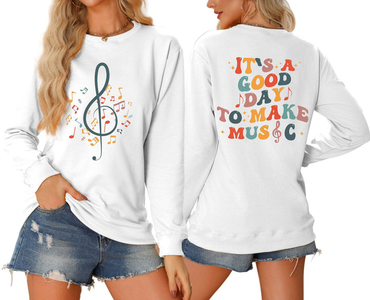 Dame sweatshirt med musikalsk motiv og kreativ skrift Skjora