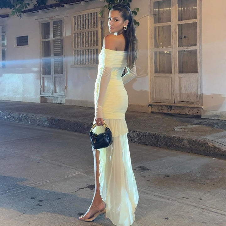 Dame Off-Shoulder Maxikjole med Volangdesign og figursydd snitt Skjora