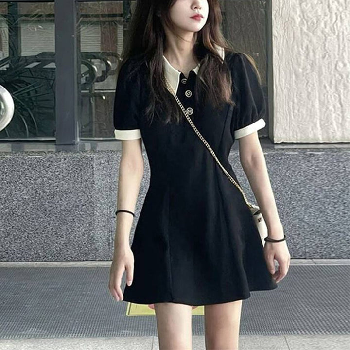 Women's Short-Sleeve Polo Dress with Button Details and Contrast Collar