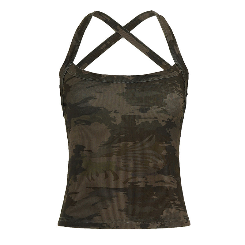 Damer sporty tanktop med X-formet rygg og kamuflasjemønster Skjora