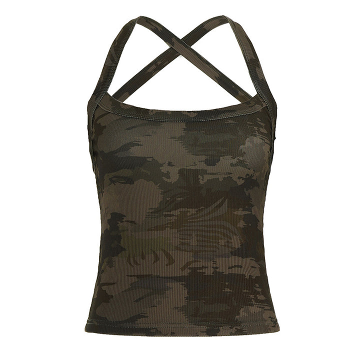 Damer sporty tanktop med X-formet rygg og kamuflasjemønster Skjora