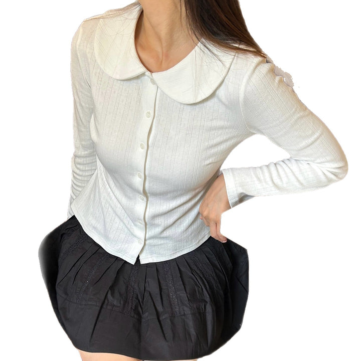 Dame Langermet Crop-Top med stilfull krage og knappestolpe Skjora