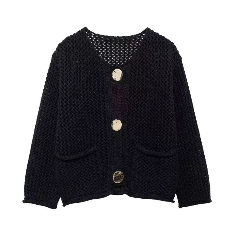 Damer mesh strikket cardigan med praktiske lommer og dekorative knapper Skjora