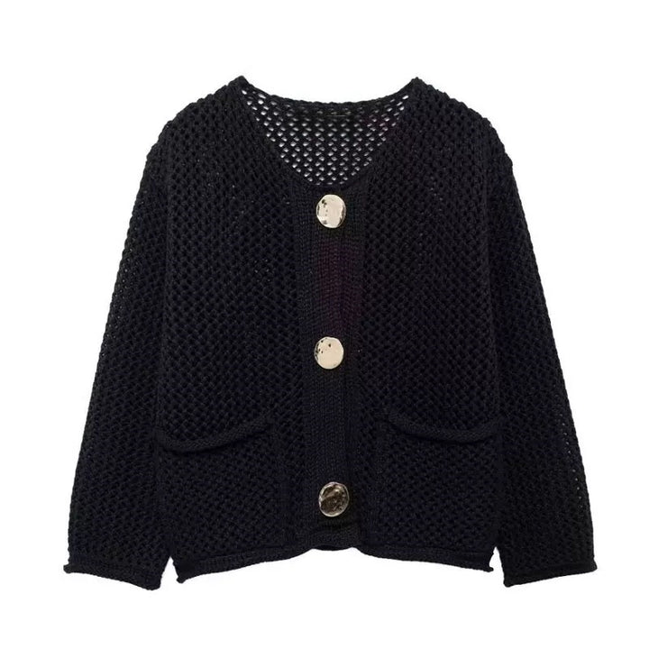 Damer mesh strikket cardigan med praktiske lommer og dekorative knapper Skjora