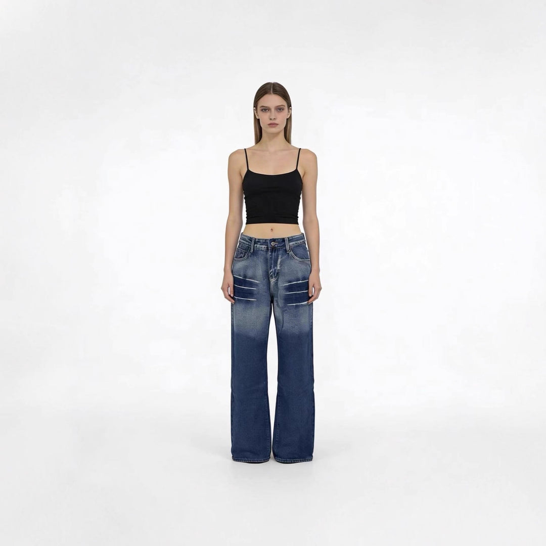 Dame viddefit høyt skåret jeans med spesiell vaskeeffekt Skjora