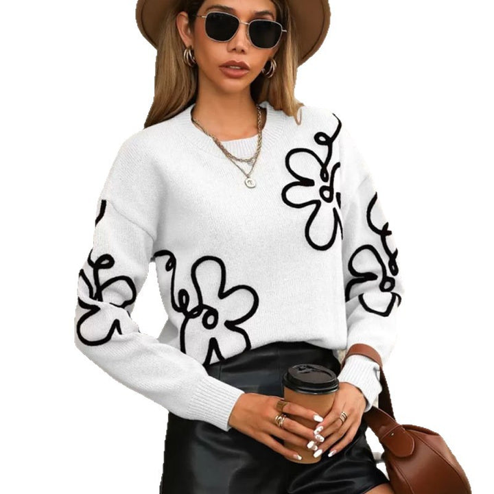Kvinnes trendy genser med blomstrete applikasjoner Skjora