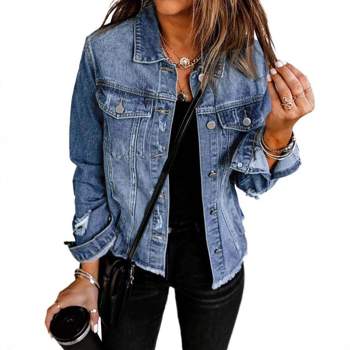 Dames casual denimjakke med slitt detaljer og klassisk snitt Skjora