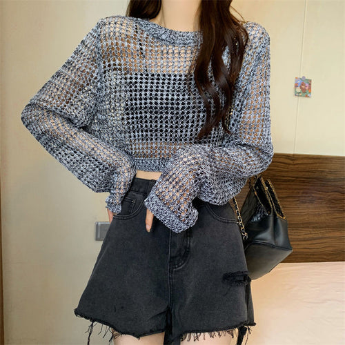 Kvinnens mesh genser med trendy crop design Skjora