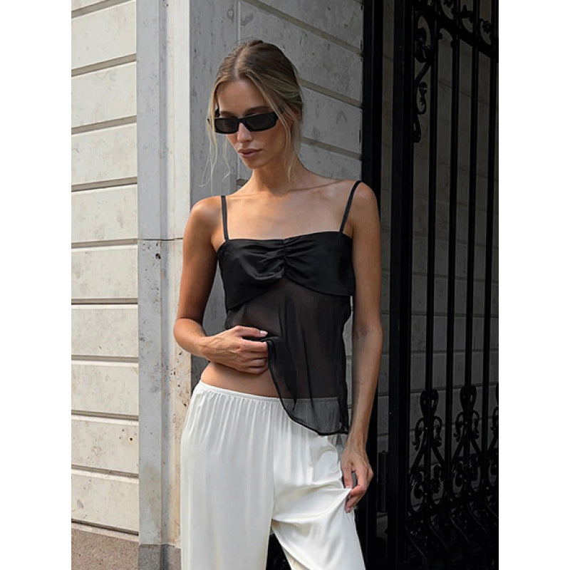 Damer Sexy Top med svarte stropper og elegant plissert design Skjora