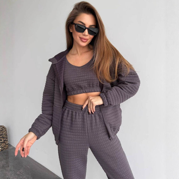 Kvinners komfortable loungewear-sett med teksturert topp og elastisk midjebånd Skjora