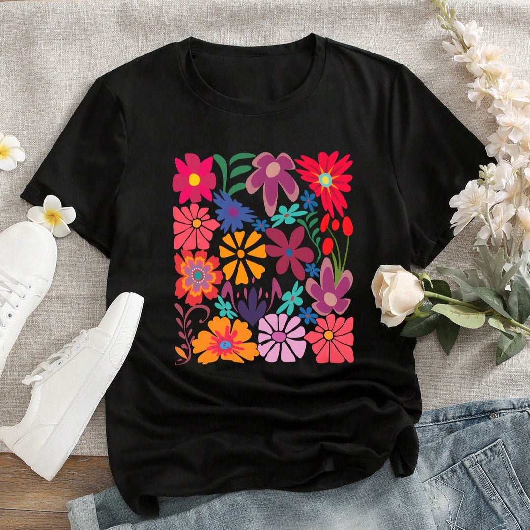 Dame T-skjorte med fargerik blomstertrykk Skjora